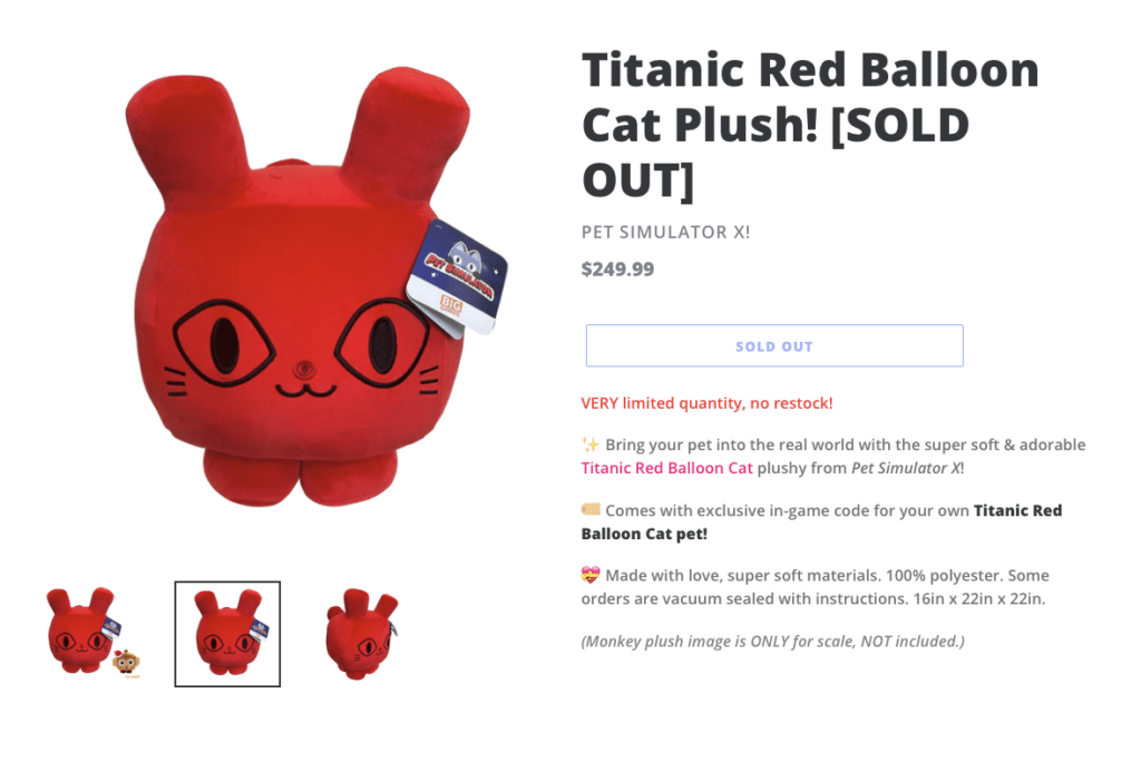 Roblox Pet Simulator X Titanic Red Balloon Cat Plush