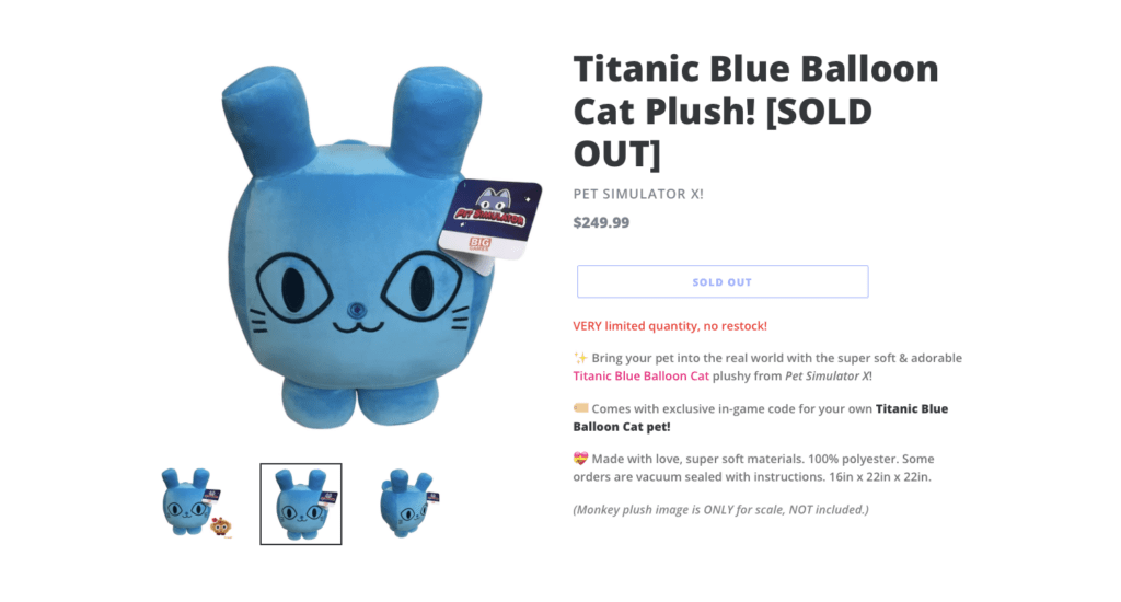 Roblox Pet Simulator X Titanic Blue Balloon Cat Plush