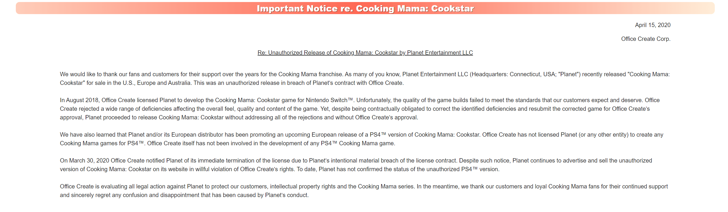 Cooking Mama Cookstar Statement