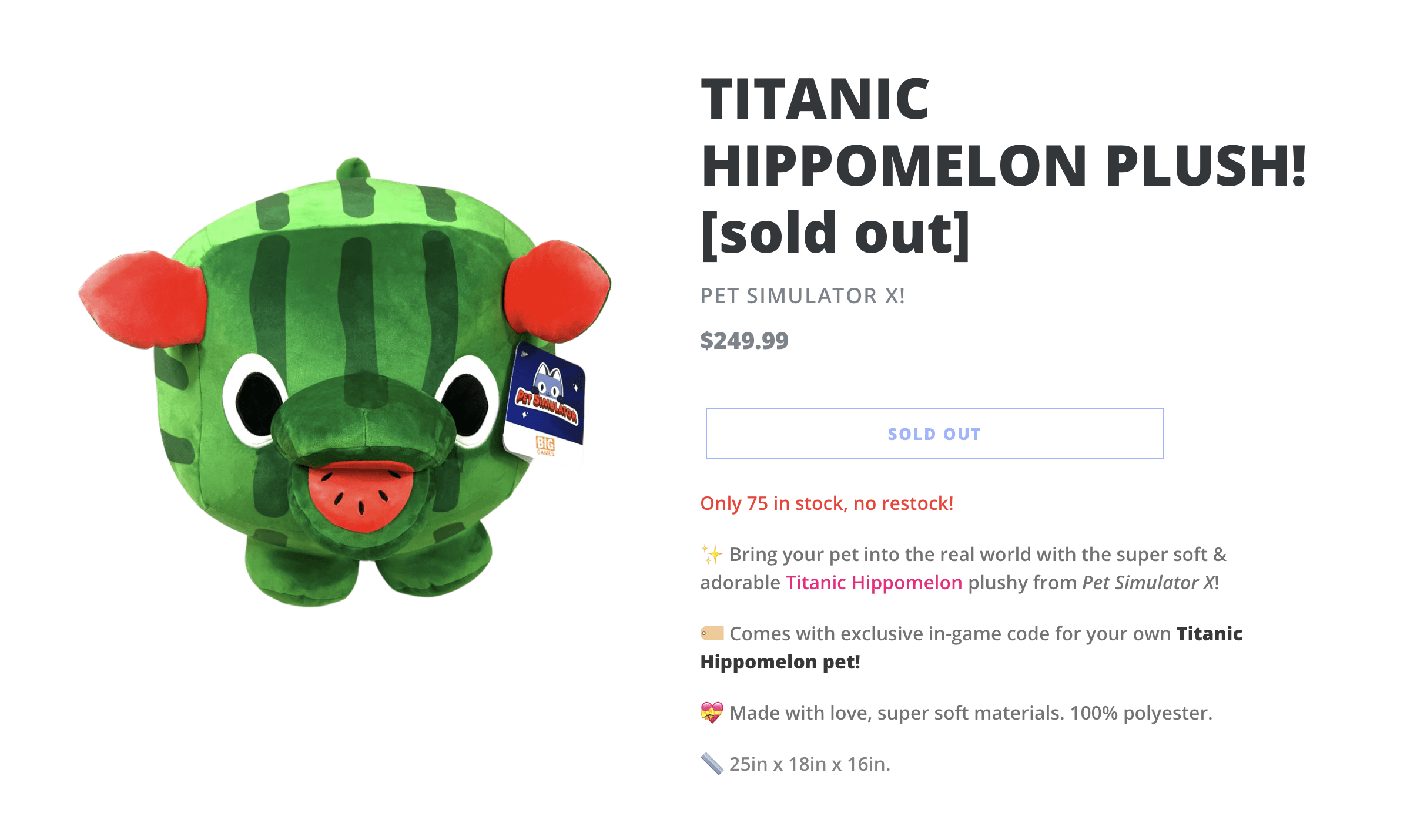 Pet Simulator X Hippomelon Plush Sold Out