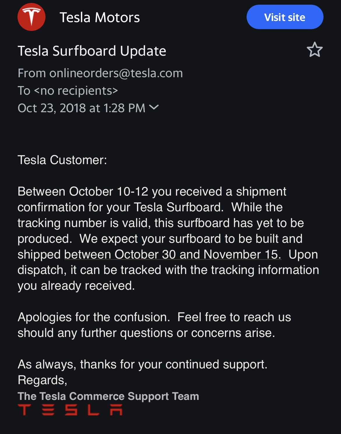 Tesla Surfboard Email Confirmation