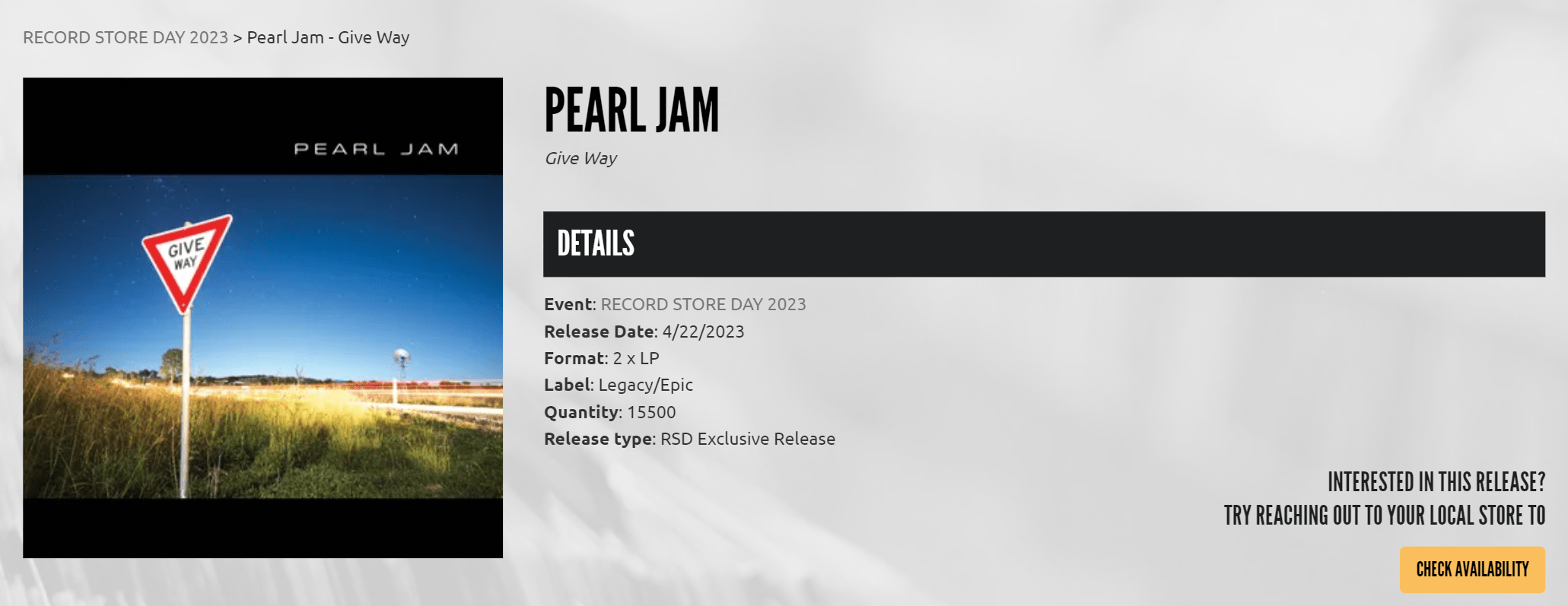 Record Store Day Pearl Jam RSD 2023