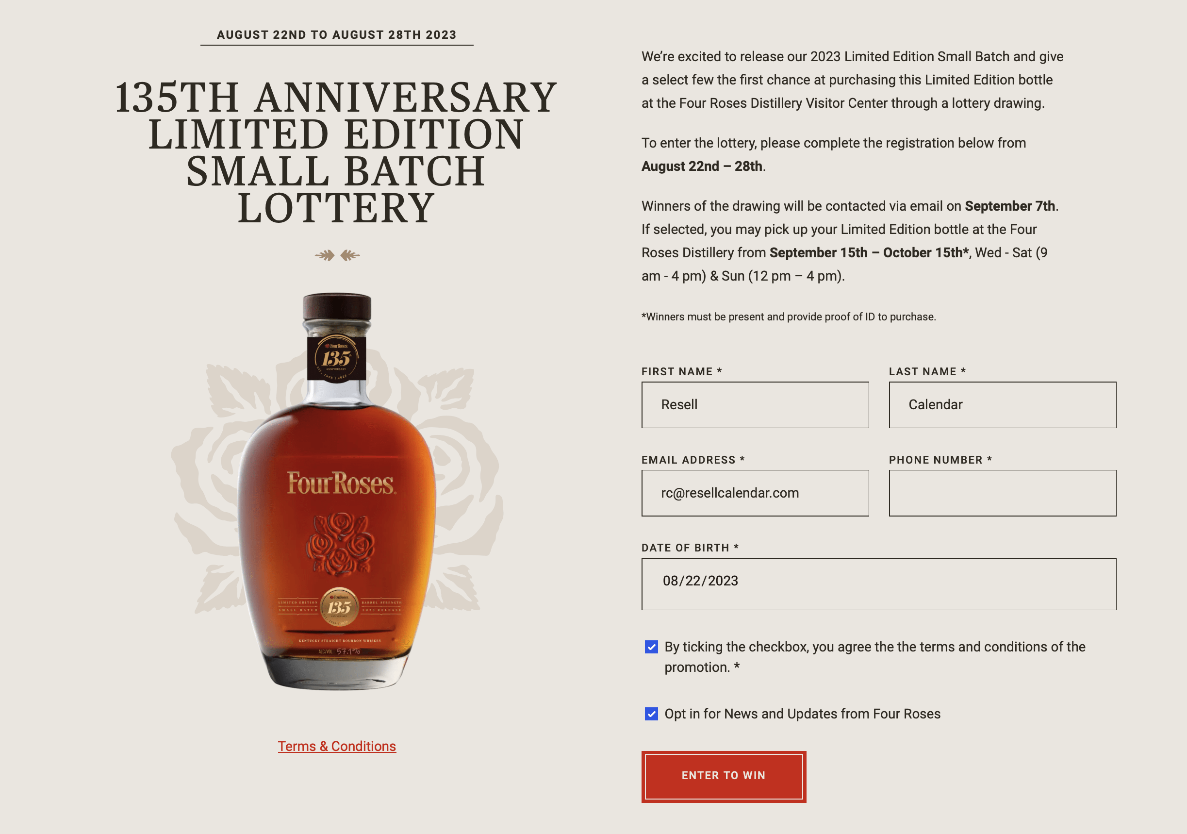 four roses 2023 small batch raffle page
