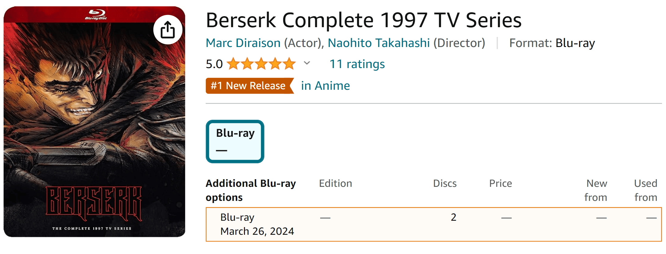 Berserk Blu-Ray 1997 Amazon