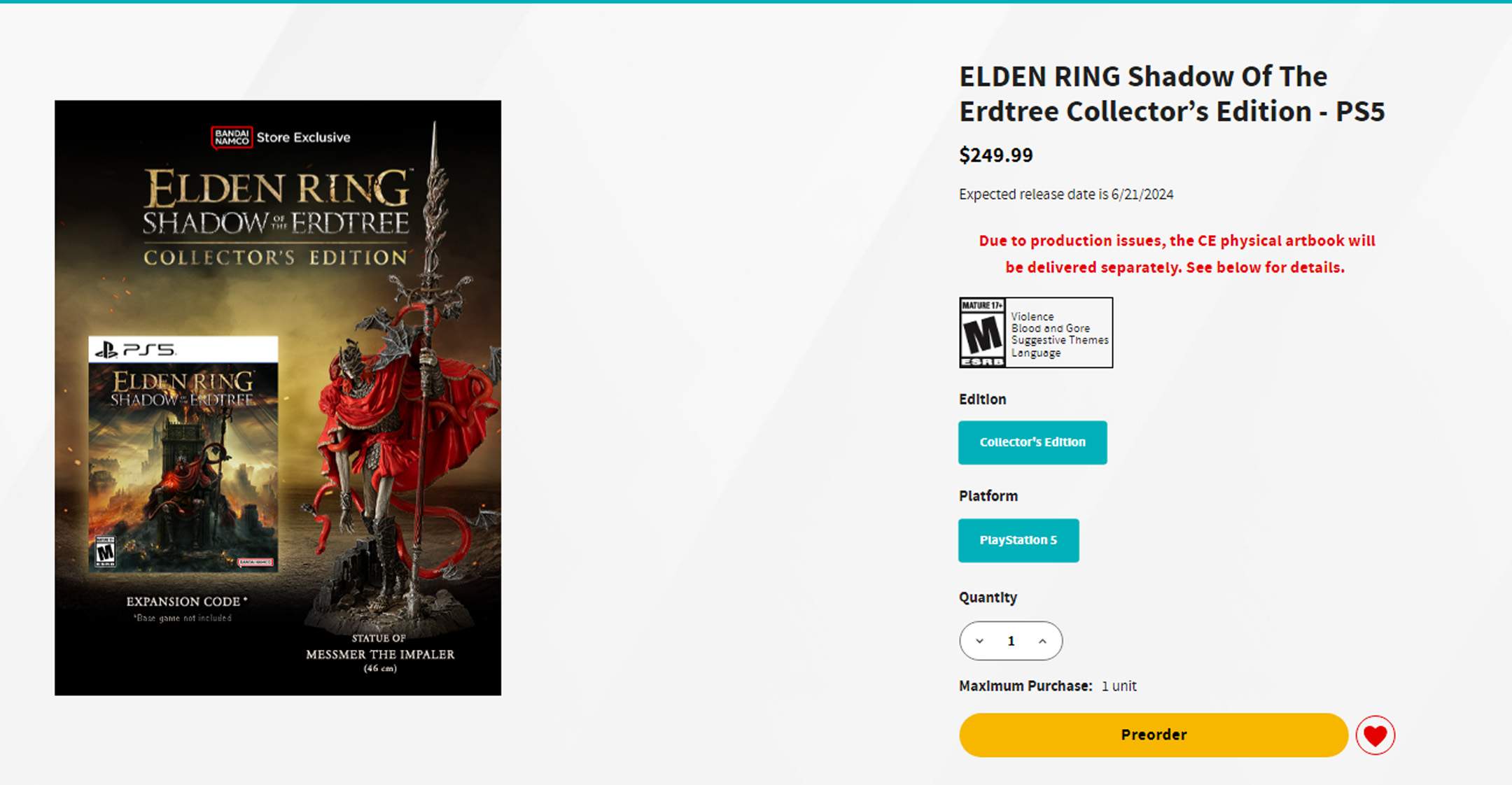 ELDEN RING Shadow of the ERDTREE Collectors Edition - Sold