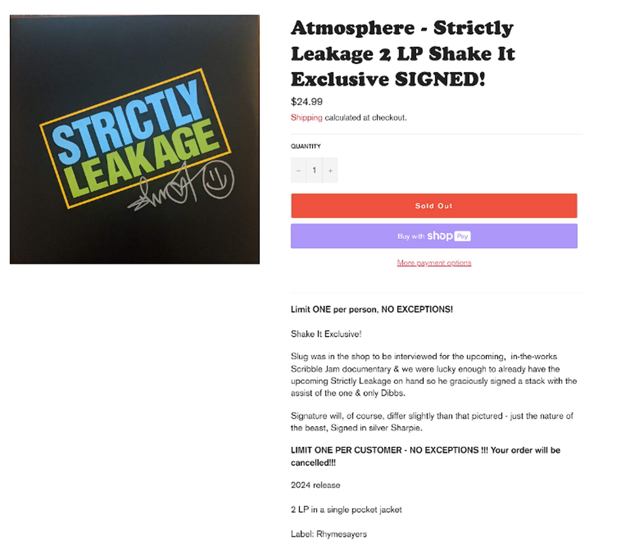 Atmosphere - Strictly Leakage 2 LP Shake It Exclusive SIGNED! - Sold