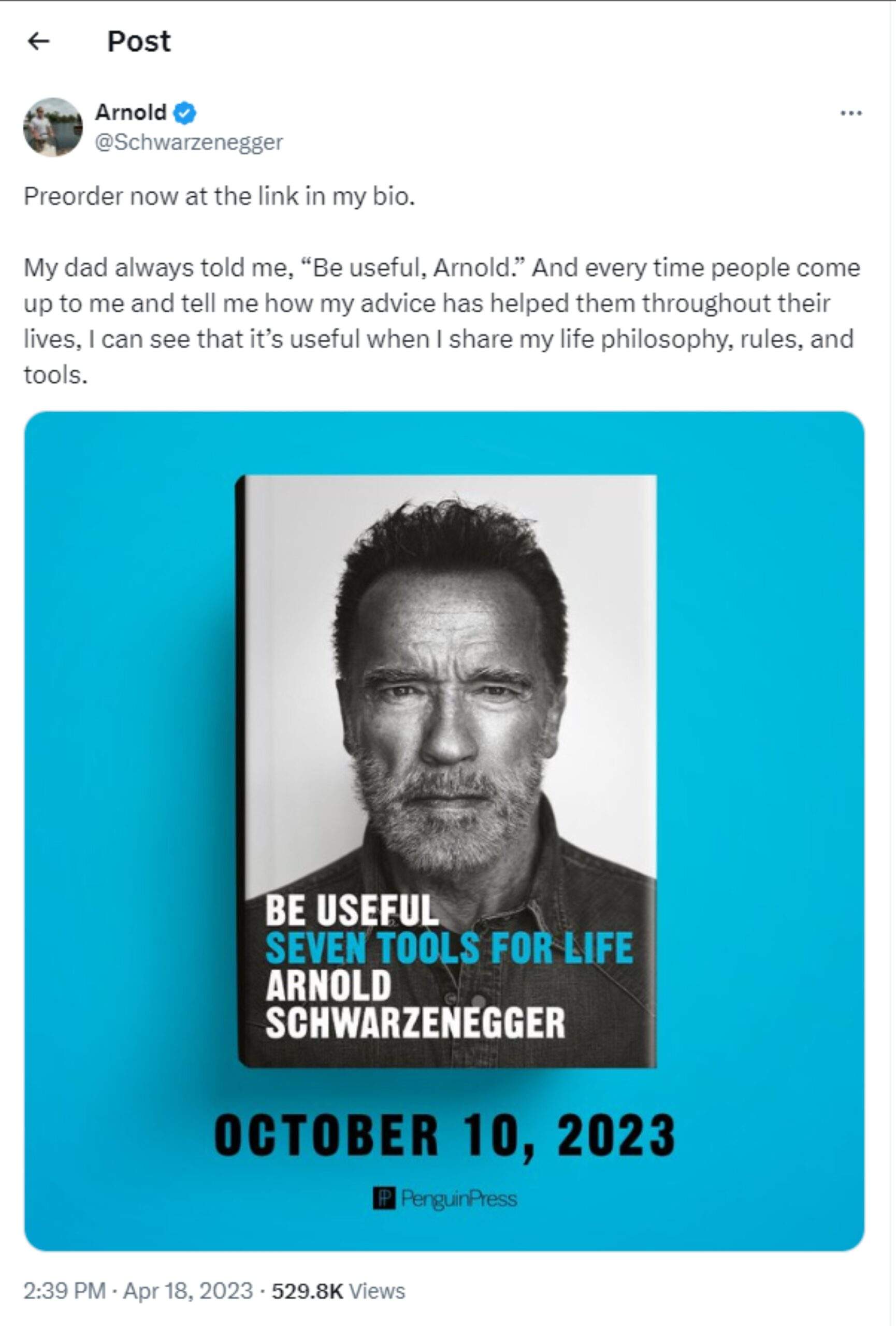 Be Useful Seven Tools For Life Arnold Schwaarzenegger book - Announcement