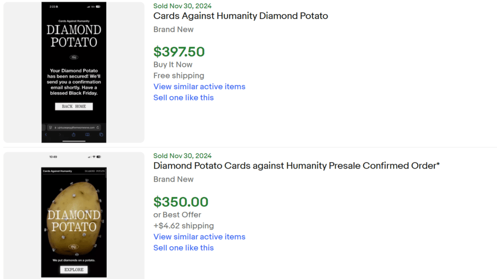 Cards Against Humanity Diamond Potatoes Resell for 400+ Resell Calendar