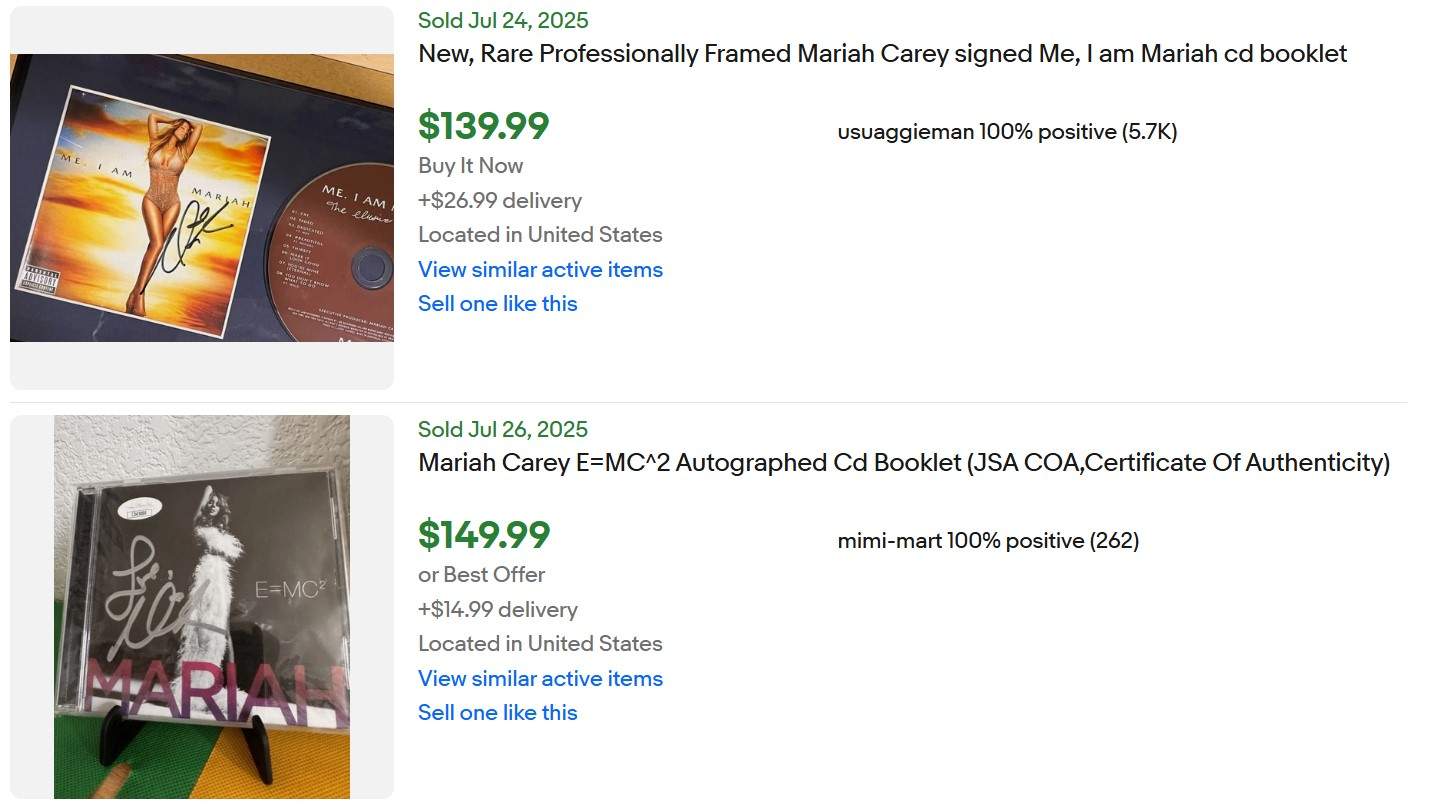 Sold eBay listings for autographed Mariah Carey CDs