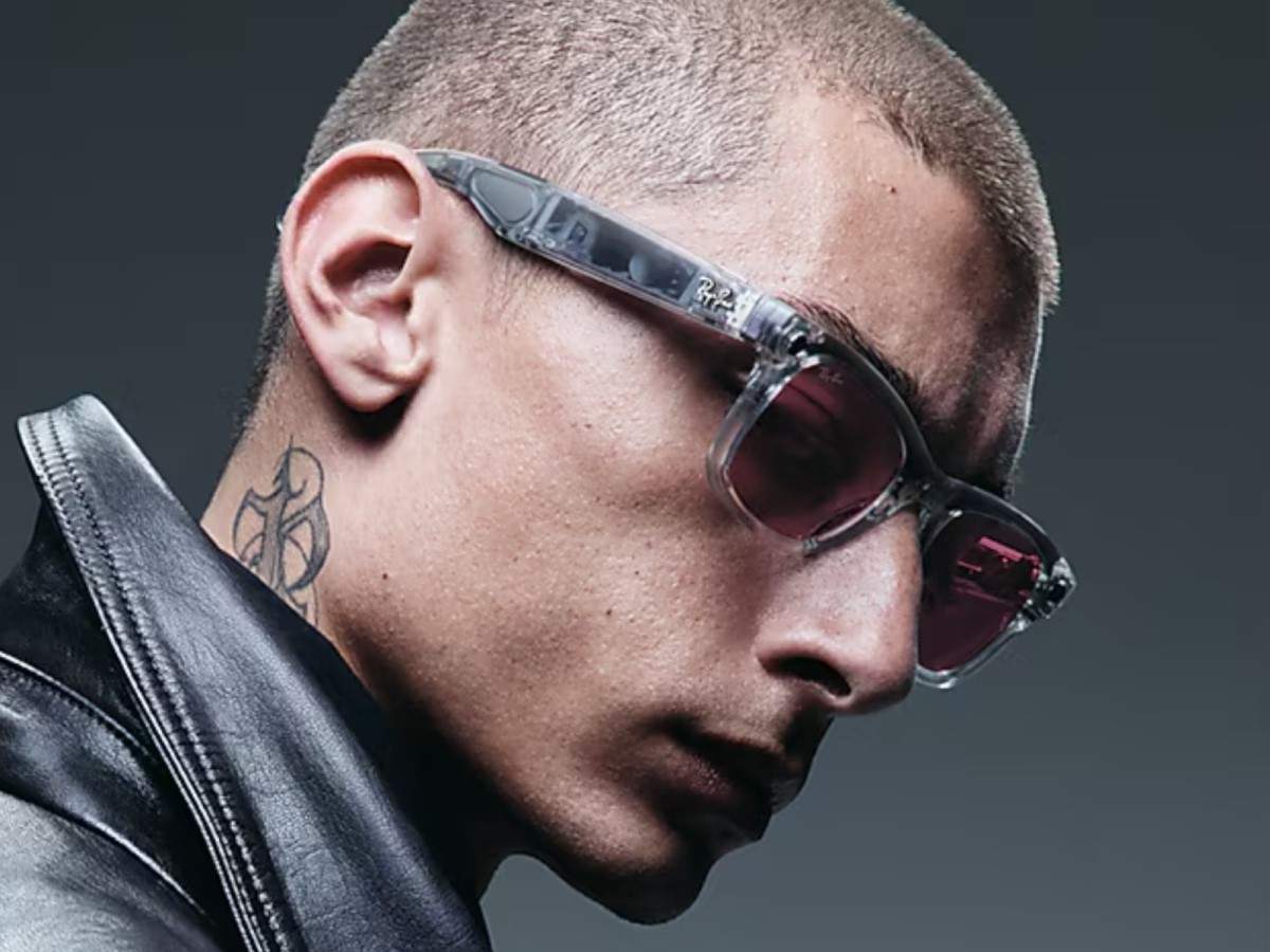 Model wearing Meta Ray-Ban Transparent Ruby Smart Glasses