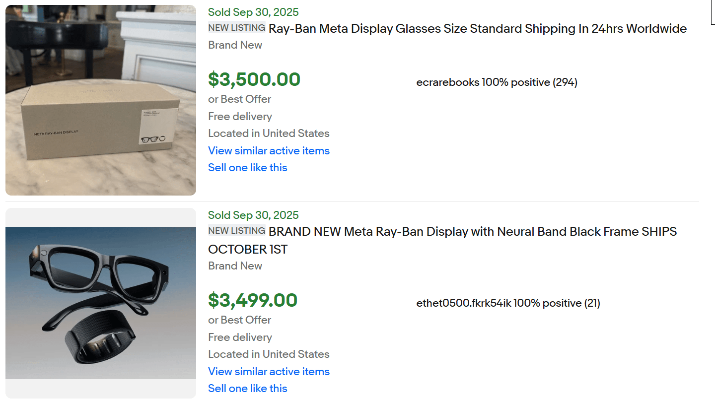Sold eBay listings for Meta Ray-Ban Display smart glasses