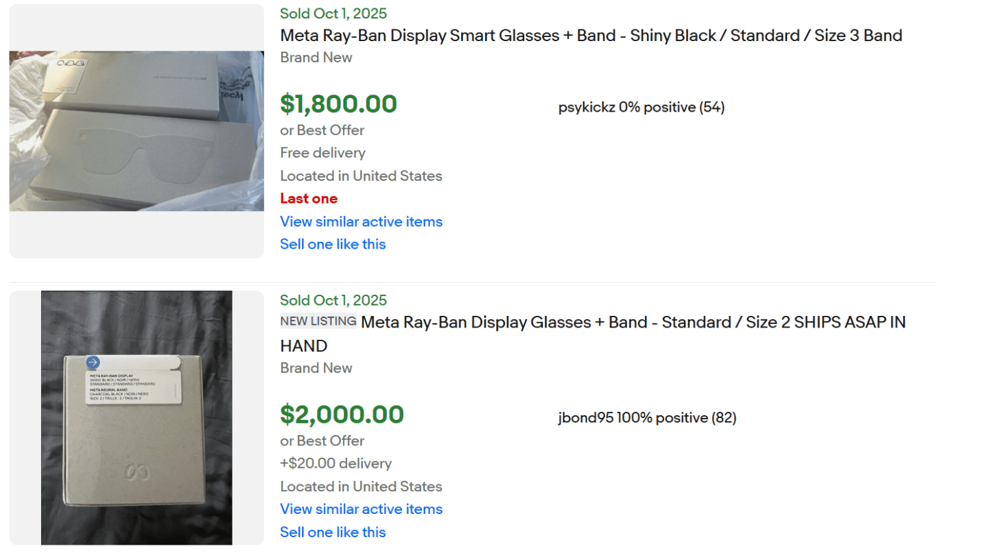 Sold eBay listings for Meta Ray-Ban Display Smart Glassese