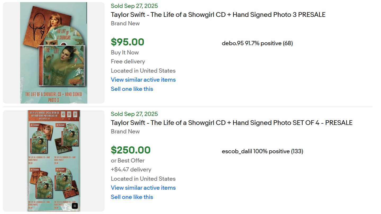 Sold eBay listings for Taylor Swift