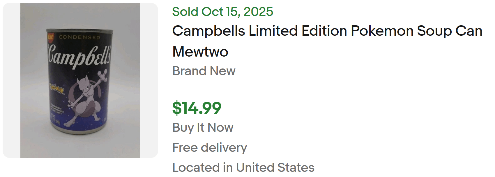 Campbells Pokemon Sweepstakes Mew Can Listed on eBay