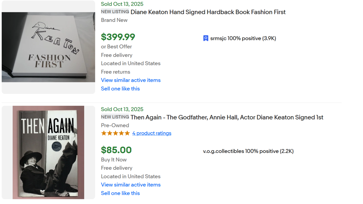 Sold eBay listings for signed copies of Diane Keaton