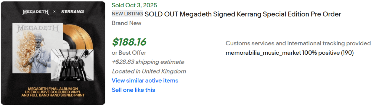 Sold eBay listings for Megadeth signed art cards