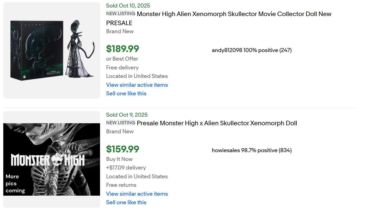 Presale eBay listings for Monster High Alien Xenomorph dolls