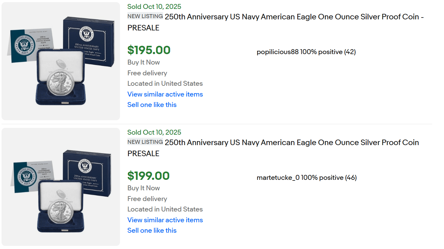 250th Anniversary Navy Silver Eagle Coins sold on eBay