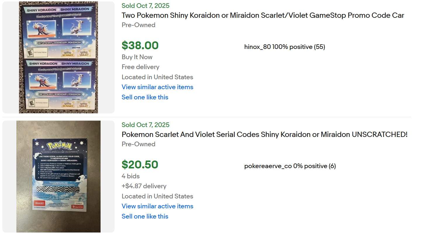 Sold eBay listings for Shiny Miraidon Koraidon GameStop Codes