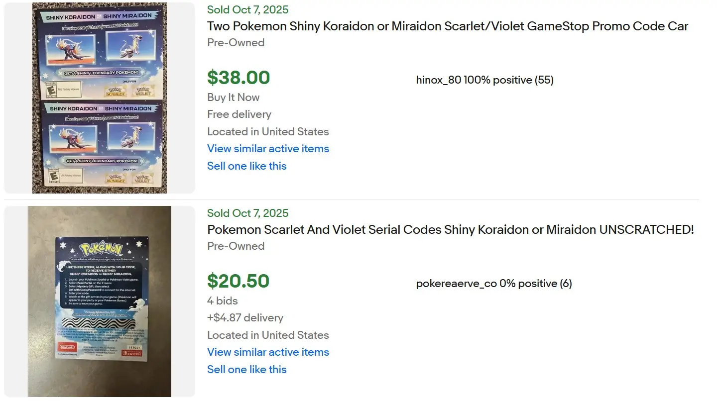 Sold eBay listings for Shiny Miraidon Koraidon GameStop Codes