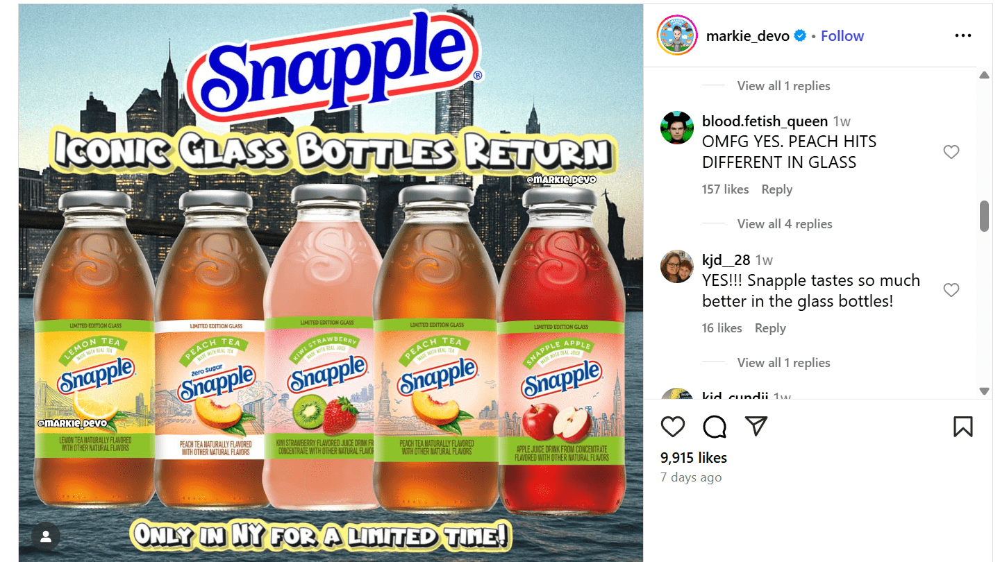 Limited Edition Snapple Glass Bottle Instagram Announcement