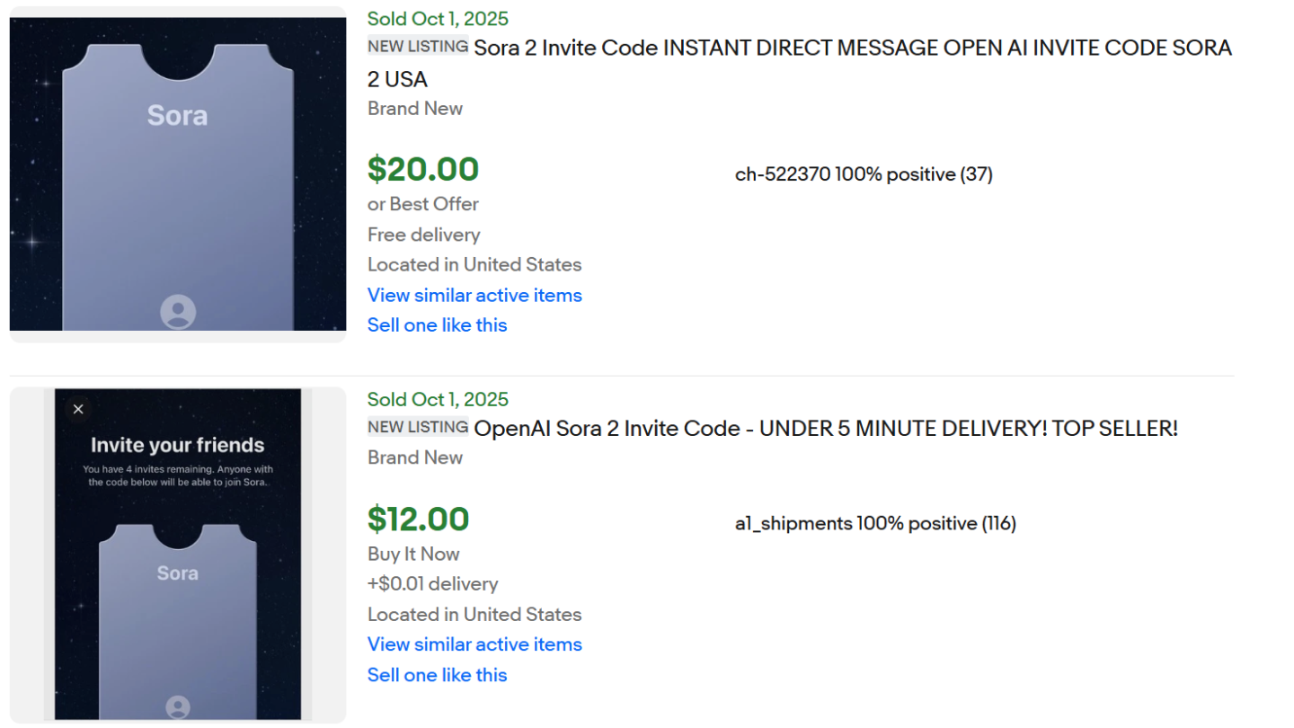 OpenAI Sora 2 Invite codes reselling on eBay