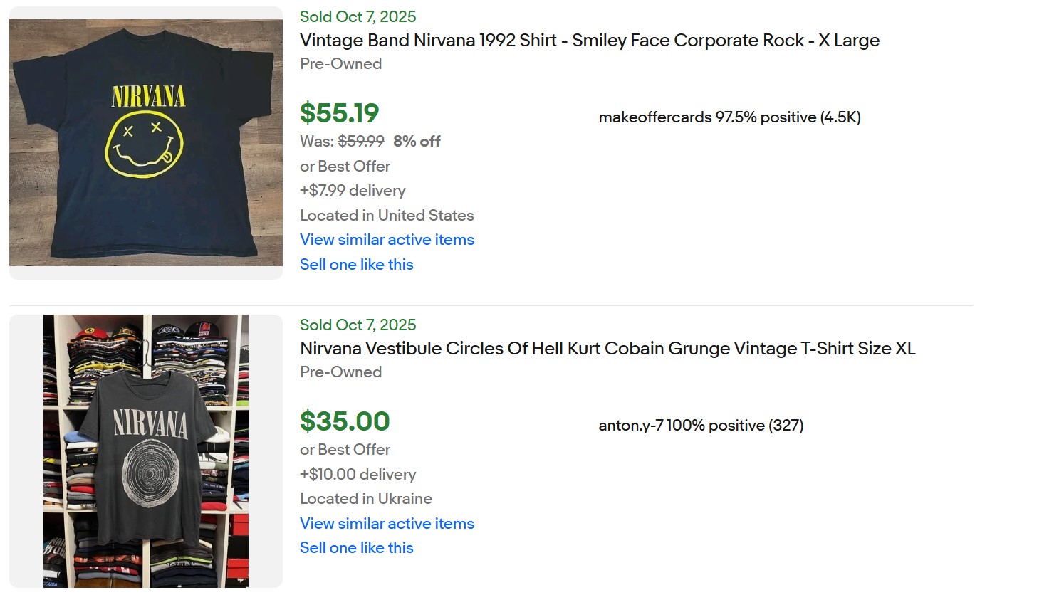 Vintage Nirvana tour T shirt listed on eBay