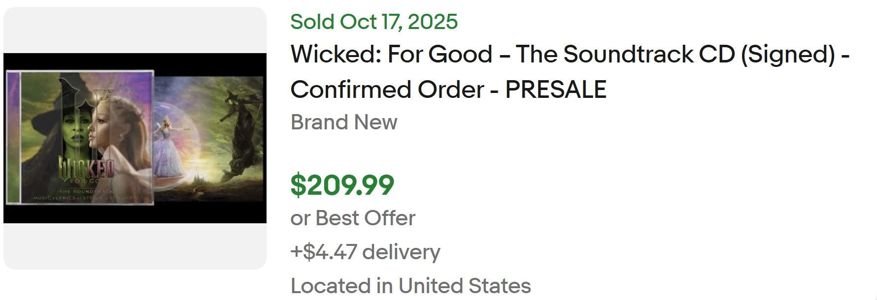 Wicked For Good Signed CDs listed for sale on eBay