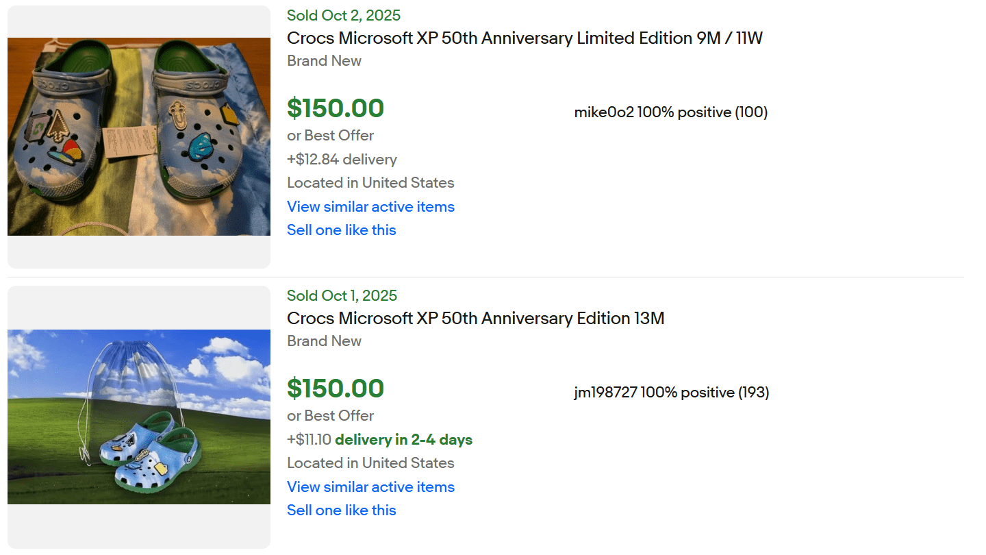 Sold eBay listings for Microsofts Windows XP Crocs