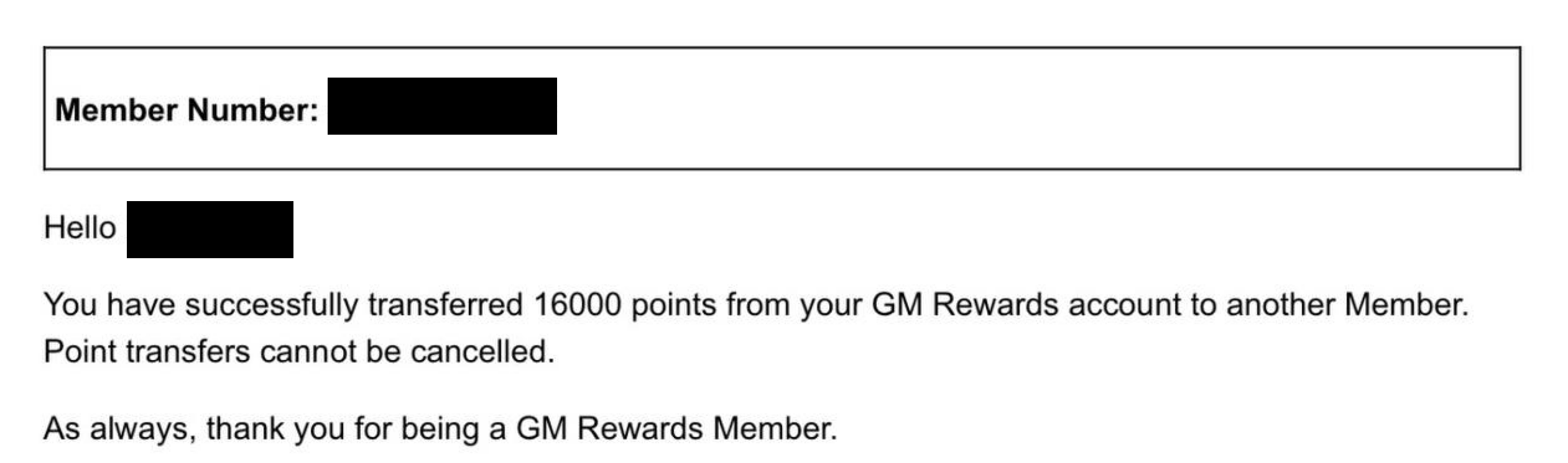 GM Rewards Points Transfer Confirmation