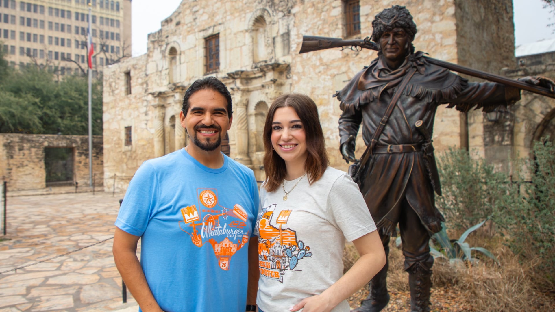 Models wearing the Alamo X Whataburger collab T-Shirts