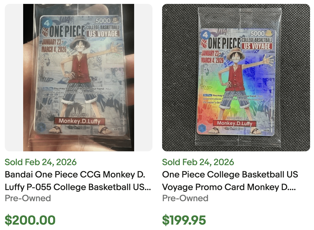One Piece College Basketball cards listed for sale on eBay