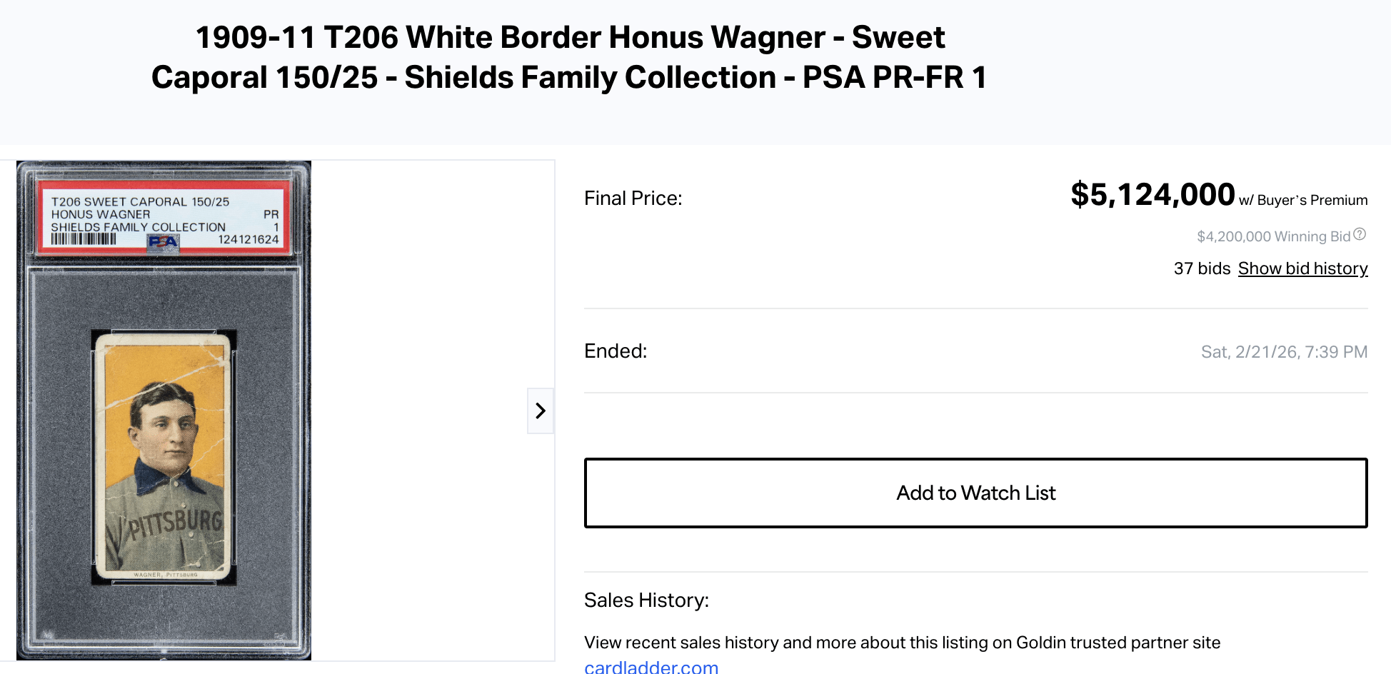 T206 Shields Honus Wagner Auction