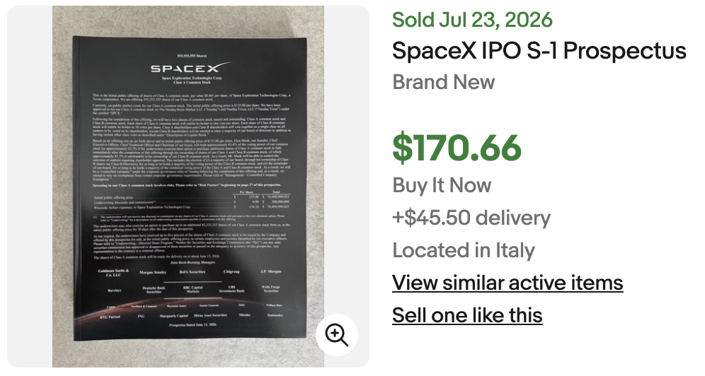 SpaceX Prospectus IPO Document for Sale