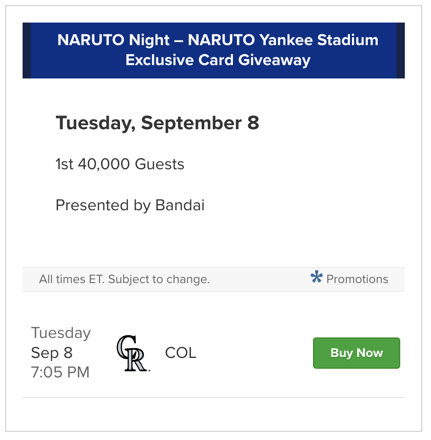 Yankees Naruto Promo Card Bandai Official