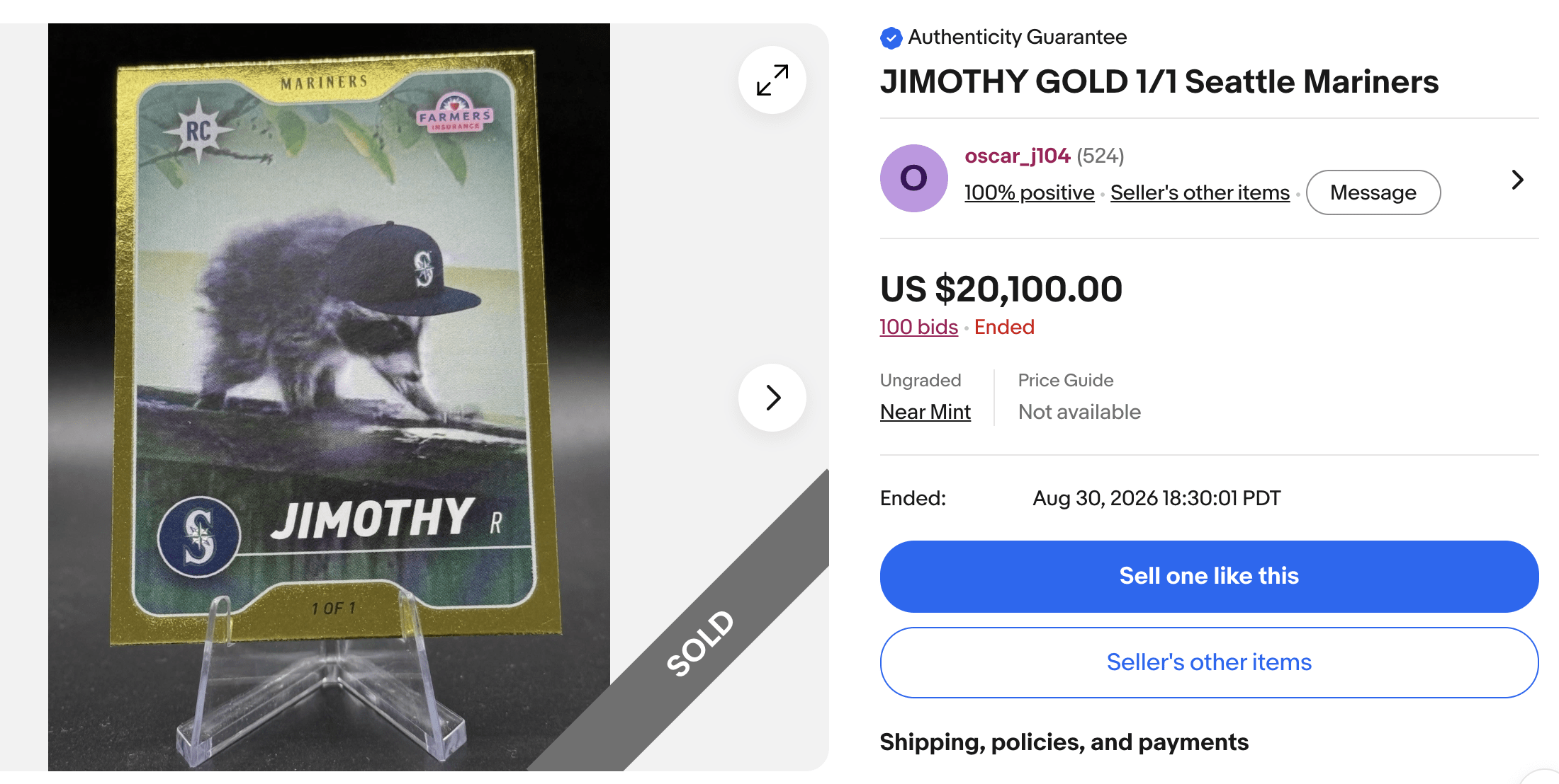 Jimothy 1/1 Gold Card eBay Auction